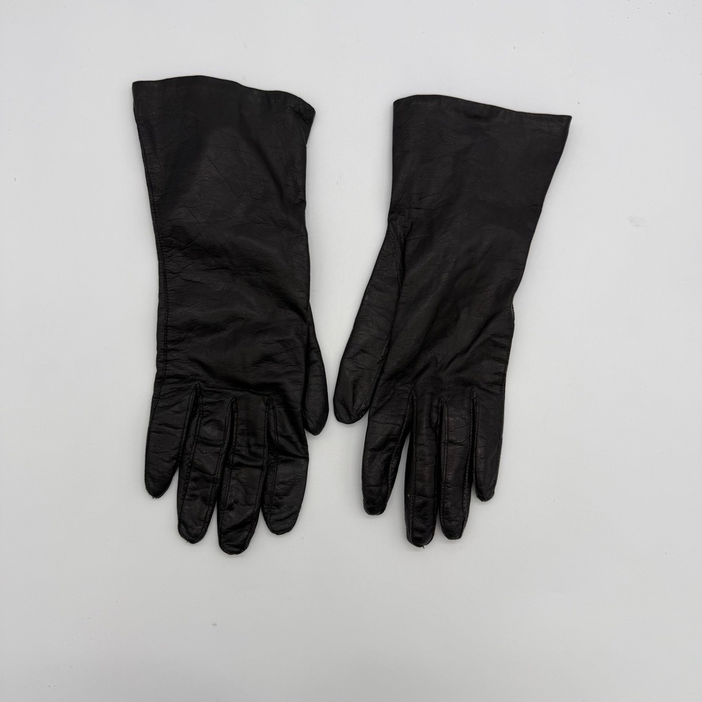 Vintage Real Kid Black Leather Silk Lined Gloves Size 7 RN17541